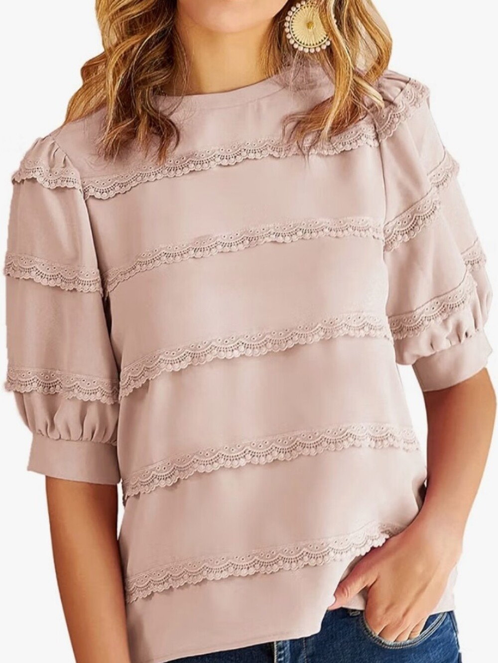 Grace Karin Blush Lace-Trim Puff Sleeve Blouse